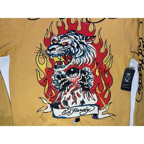 NWT Ed Hardy Retro Fire Tiger Tattoo Golden Yellow Hoodie Sweatshirt Mens Medium - Picture 2 of 9